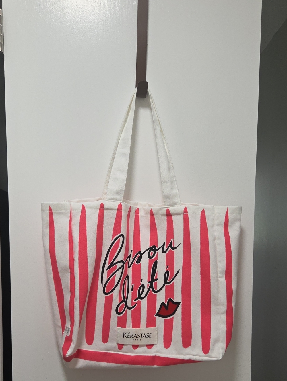 Kerastase White and Pink Striped Canvas Tote